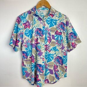Cherokee Cotton Floral Button Down Shirt Blue and Purple Tropical Hawaiian